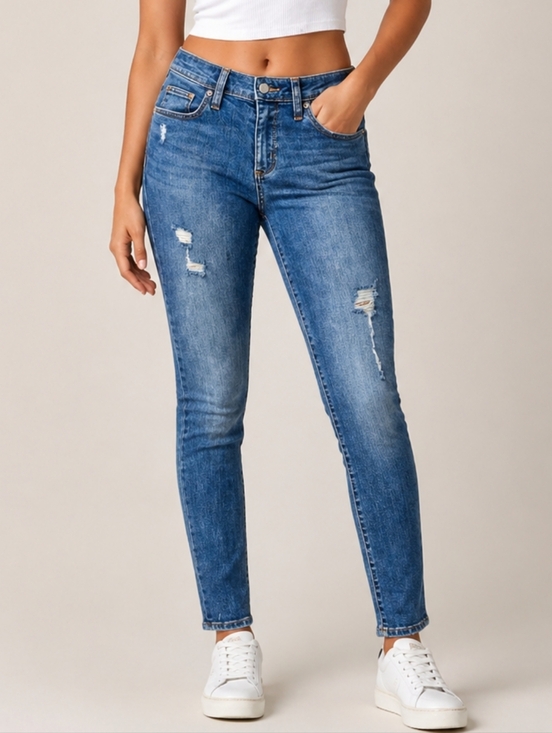 Universal Thread Denim - Universal Thread Women's 6 Blue Mid-Rise Distressed Skinny Jeans Stretch Denim